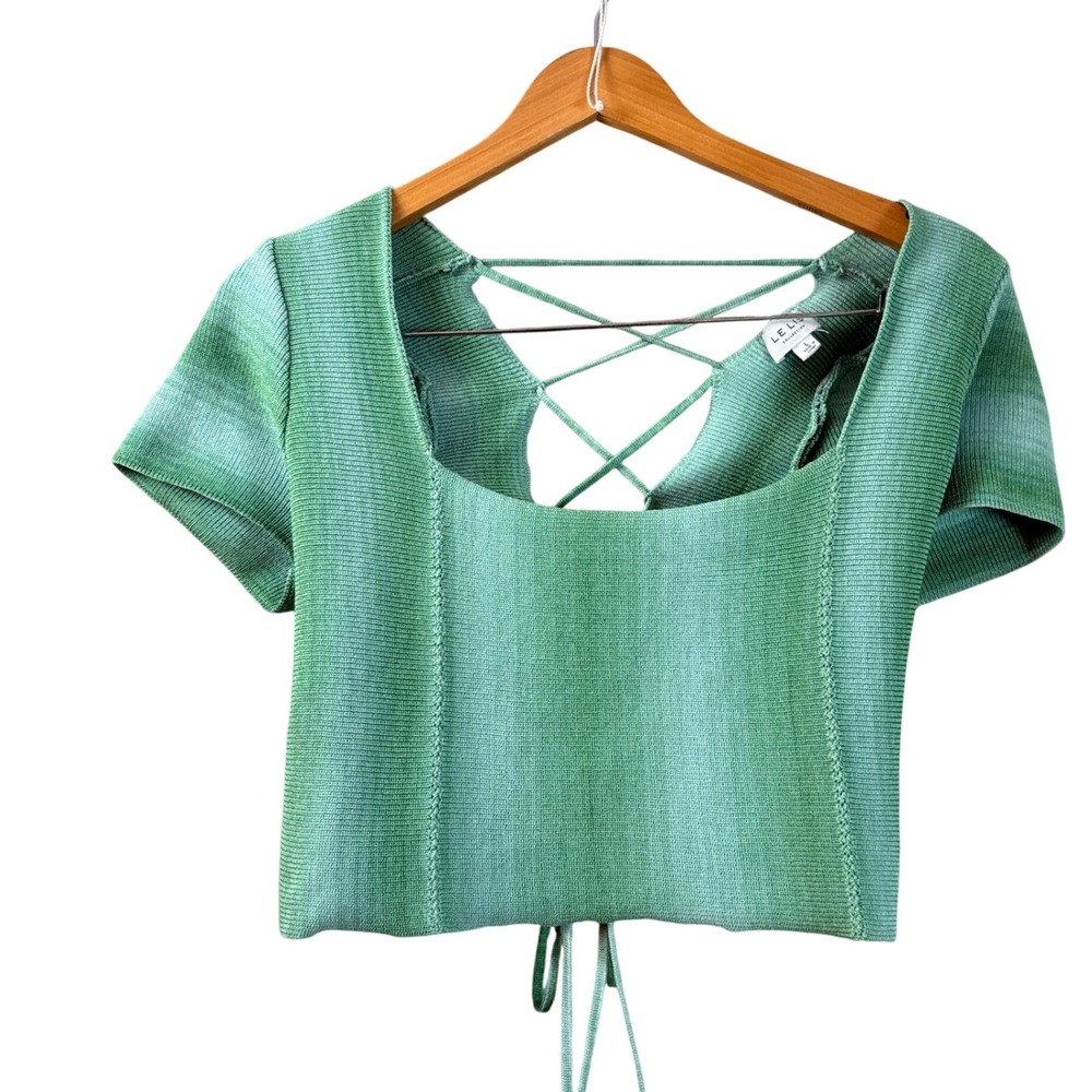 LE LIS COLLECTION Green Striped Lace Up Back Crop Top Size Large